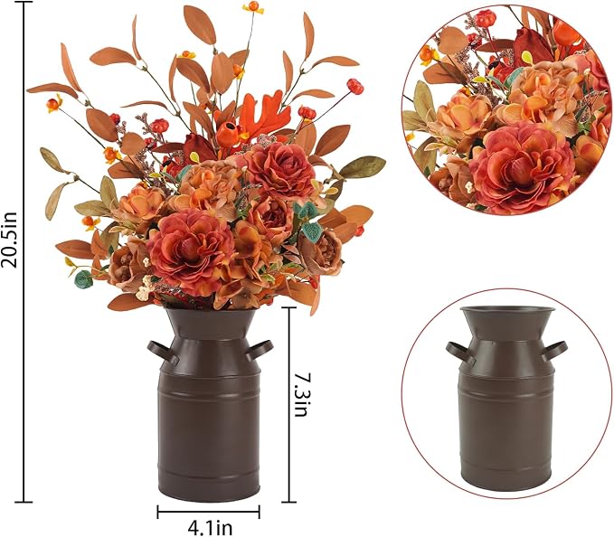 Krissing Artificial Fall Flowers with Metal Pot Faux Autumn Hydrangea Silk Flowers Bouquets with Fall Floral Stems Fall Flowers Arrangements for Table Centerpieces Vase Mantle Home Fall Decor