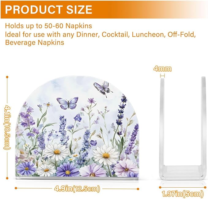 Spring Wild Flowers Purple Butterfly Napkin Holder for Tables Paper Cocktail Napkin Holders for Kitchen Dinning,Acrylic Dinner Napkin Dispenser for Restaurant Home Decor Bar Accessories 2 Pack