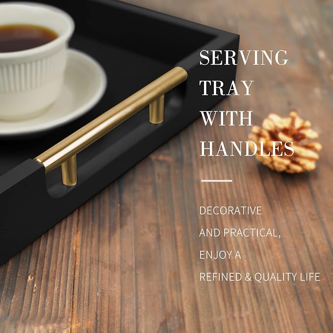 Wooden Decorative Coffee Table Tray, 16" Matte Finish Serving Tray with Handles for Ottoman, Living Room, Perfume, Vanity Dresser Organizer (Carbon Black)