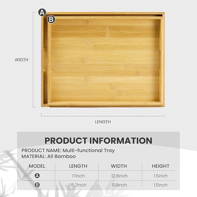 Bamboo Serving Trays with Handles Set of 2 - Portable Rectangular Trays for Serving Food, Serving, Decor & Storage, Suitable for Bedroom, Living Room, Kitchen, Restaurant, Outdoor & More