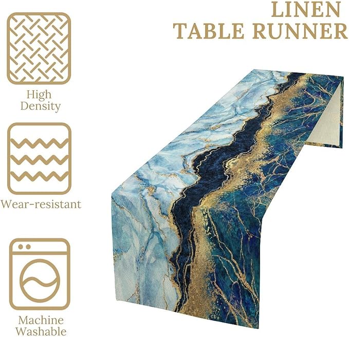 Marble Table Runner, Abstract Blue and Gold Foil Modern Luxury Texture Printed Linen Table Runners for Living Room Kitchen Dining Room Party Holiday Home Decor 13" W x 108" L