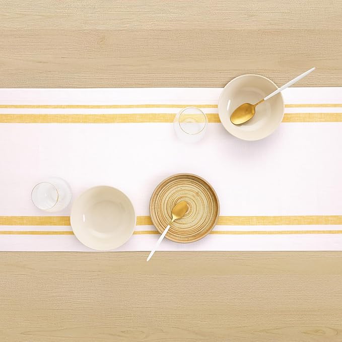 Solino Home Linen Table Runner 120 Inches Long - 100% Pure Linen Yellow and White French Stripe Table Runner 14 x 120 Inch for Dining, Spring, Summer