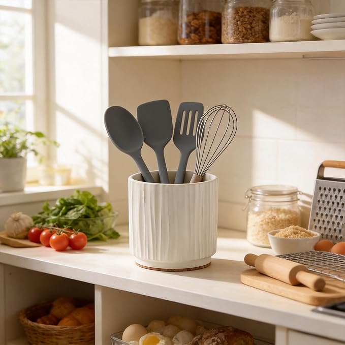 Utensil Holder for Kitchen Counter Ceramic Utensil Crock Organizer for Countertop, Heavy Large Holder for Spatulas, Spoons, Kitchen Counter Decor Rustic 5.5 Inch, Vintage Farmhouse White