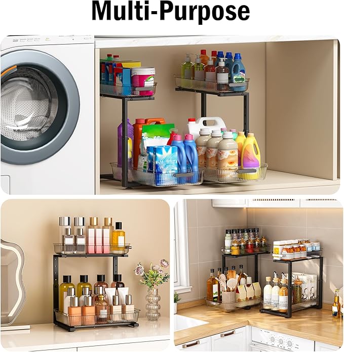 ARSTPEOE 2 Pack Double Sliding Under Sink Organizers and Storage,Two Tier Bathroom Storage and organization,Under Cabinet Organizer, Clear