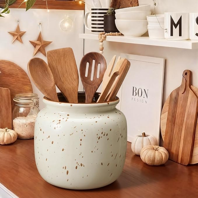Qinyoung Rustic Kitchen Utensil Holder 6 Inch Small Ceramic Utensil Holder with Handle Vintage Crock Decoration Spatula Organizer for Kitchen Countertop Farmhouse Party Supplies(Natural, No Handle)