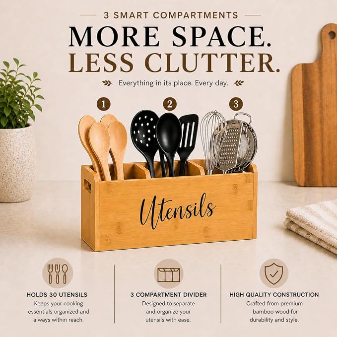 Bamboo Kitchen Utensil Holder for Countertop – Large 3-Compartment Cooking Utensil Organizer & Caddy with Drain Holes, Farmhouse Bamboo Holder for Kitchen Counter, Wood Storage for Spatulas & Spoons