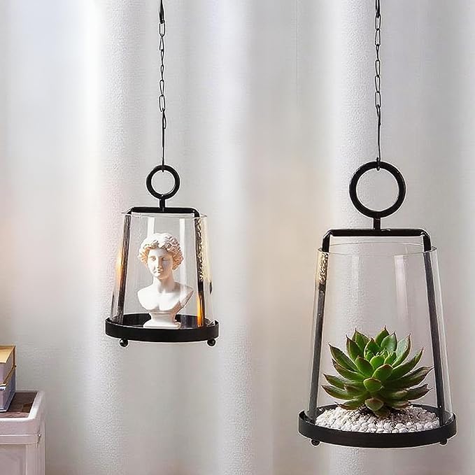 9" & 6" Wide Modern Farmhouse Metal Hurricane Candle Holder with Handmade Sturdy Glass Sleeve in Black for Pillar Candle & Plants, Glass Hurricane Lantern, Industrial, Minimalistic