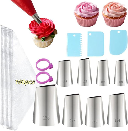 113pcs Flower Piping Tips and Bags Set, 8 Stainless Steel Petal Nozzles, 100 Disposable Pastry Bags, 3 Scrapers & 2 Bag Ties, Rose Icing Tip for Roses Bows Ruffles Cupcakes DIY Decoration