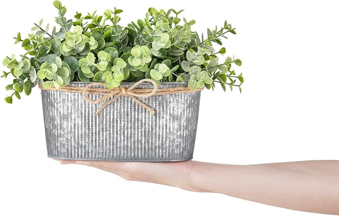 Dahey Artificial Eucalyptus Faux Plants Indoor for Farmhouse Home Decor Fake Potted Plants in Rustic Rectangular Pots Table Centerpiece for Office Bath Living Room Greenery Decor, 7" L x 4" H