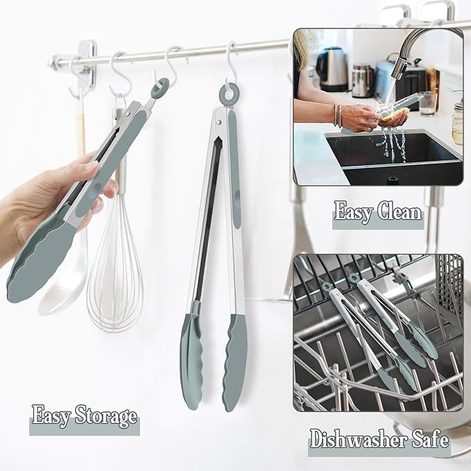TeamFar Kitchen Tongs, 9" and 12" Stainless Steel Cooking Tongs with Silicone Tips for Cooking Grilling Serving & BBQ, Heat Resistant Silicone Tongs, Locking Design & Dishwasher Safe, Set of 2 & Grey