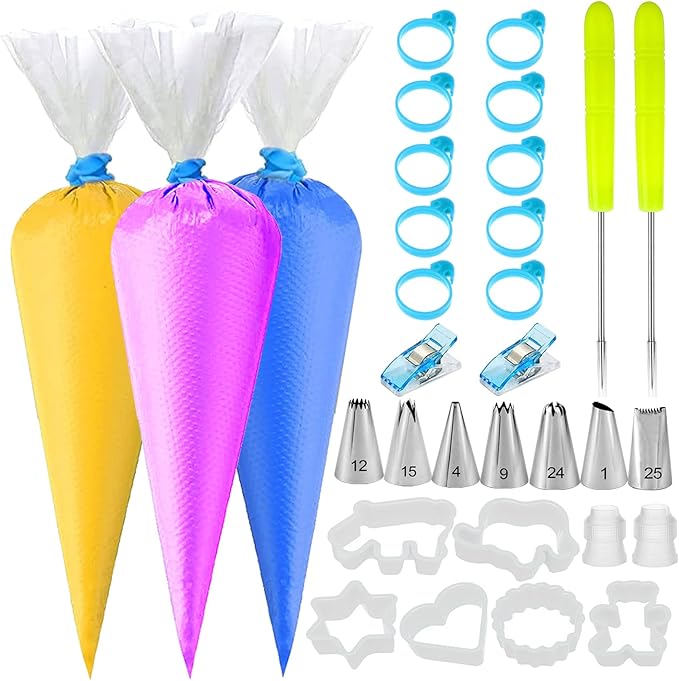 129Pcs Piping Bags and Tips Set - 100 12Inch Disposable Tipless Piping Bags for Royal Icing - Cake Decorating Baking Tools with 7 Frosting Tips, 10 Bag Ties, 2 Scriber Needle,6 Cookie Cutters