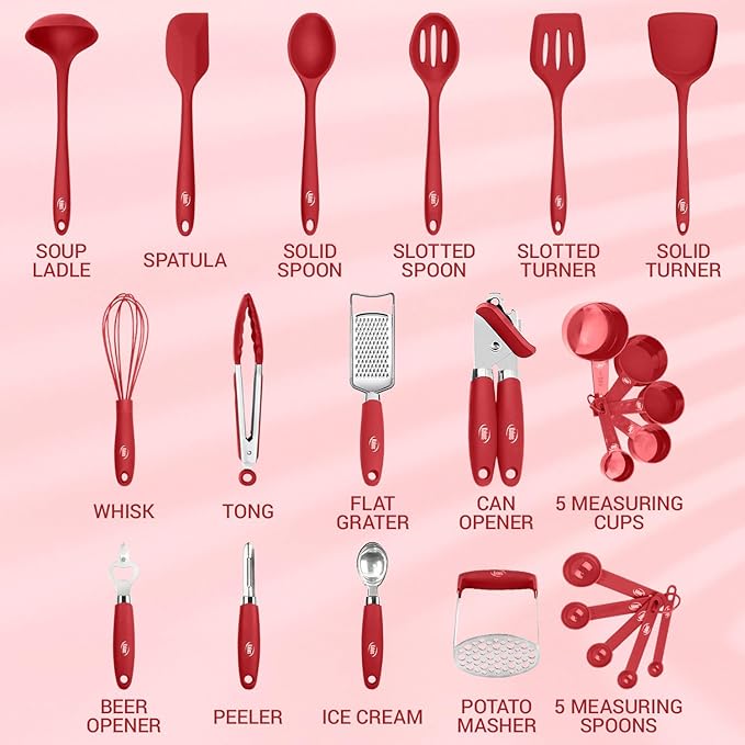 Kaluns Silicone Kitchen Utensils Set 24 Pcs Cooking Utensils Set - Can Opener, Masher, Turner, Spatula 446°F Heat Resistant Non-Stick - Premium Silicone and Stainless Steel Utensil Set