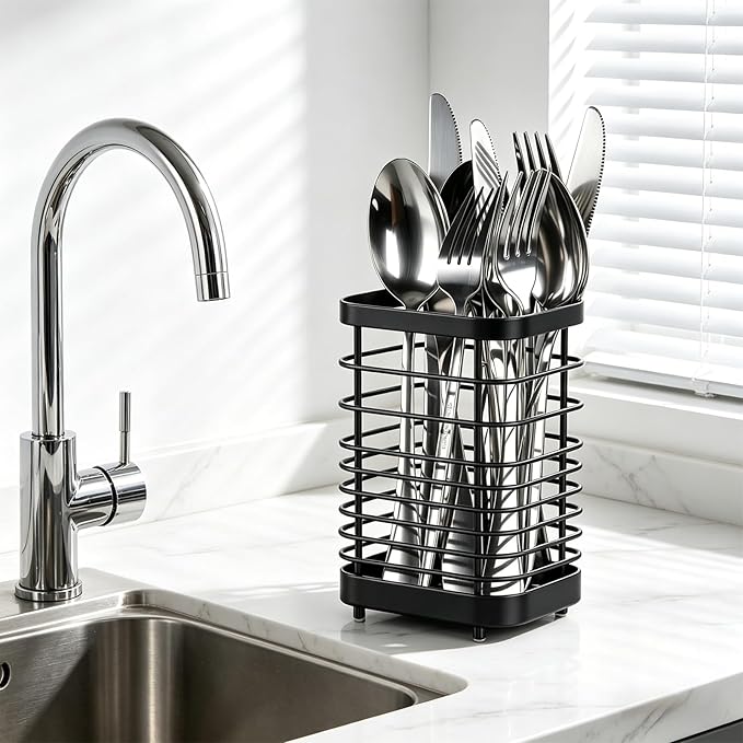 Utensil Holder, Stainless Steel Utensil Drying Rack for Kitchen Counter, Silverware Cutlery Flatware Holder Forks, Knives, Spoons, Chopsticks Organizer (Black)