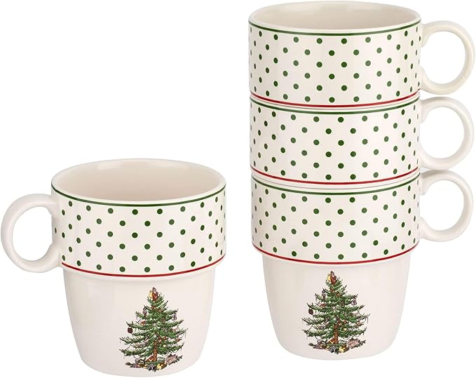 Spode Christmas Tree Polka Dot Stackable Mugs, Set of 4 - Festive 10oz for Hot Chocolate & Coffee, Space-Saving Design, Dishwasher, Microwave, Freezer Safe - Fine Earthenware Holiday Mugs