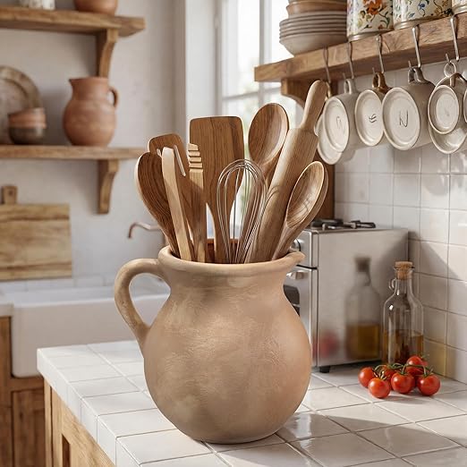 Potchen Rustic Kitchen Utensil Holder with Handle,7.48" H Ceramic Vintage Utensil Crock for Countertop, Farmhouse Kitchen Decoration Ceramic Pot for Spatulas Spoons Tongs(Classic,Antique Beige)