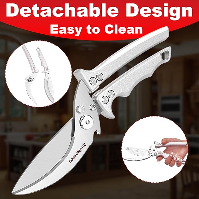 Heavy Duty Poultry Shears - Kitchen Scissors for Food, All Purpose - Chicken & Fish Shears - Easily Separable, Dishwasher Safe (Silver)