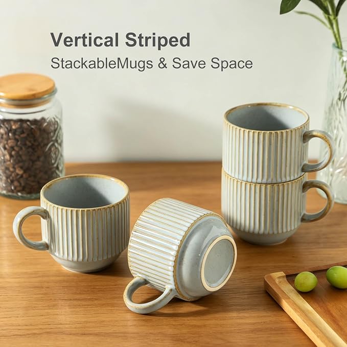 HASENSE Stackable Coffee Mugs, 15 Oz Ceramic Coffee Mugs with Stand, Vertical Striped Coffee Cups Set of 4 with Handle, Space-Saving Suitable for Kitchens and Coffee Nook, Blue-Gray