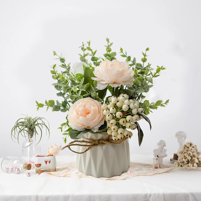 EOBTAIN Artificial Flowers in Vase Silk Flowers Fake Flowers with Ceramic Vase for Indoor Table Decor,Faux Flower and Green Leaf Plants Decorations for Home Offic Party,Dining Table Centerpiece.
