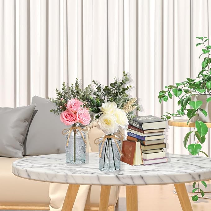 Flower Arrangement with Vase, Artificial Flowers Silk Roses Flower Bouquet in Vase, Faux Flower Arrangements,Farmhouse Table Decor,Table Decorations for Living Room,Coffee Table Decor