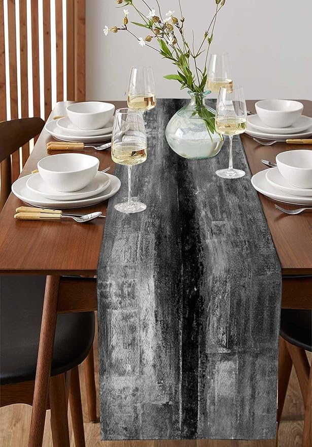 Vintage Black Table Runner - 90 Inch Long, Oil Modern Paintings Abstract Kitchen Dining Table Runner Dresser Scarves, Geometric Artwork Grey Black Tablerunner for Coffee Table Wedding Party, 13x90 in