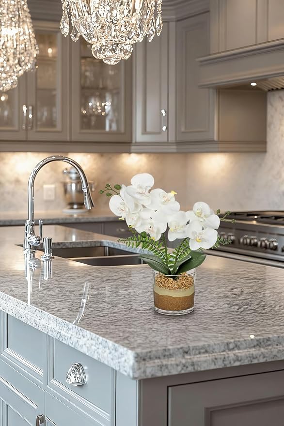 Oairse White Orchids Artificial Flowers with Vase Faux Orchids Plant in Pot | 13.7“ Phalaenopsis Orchid Flower Arrangements White Centerpiece for Kitchen Dining Room Table Bathroom Shelf Desk Decor
