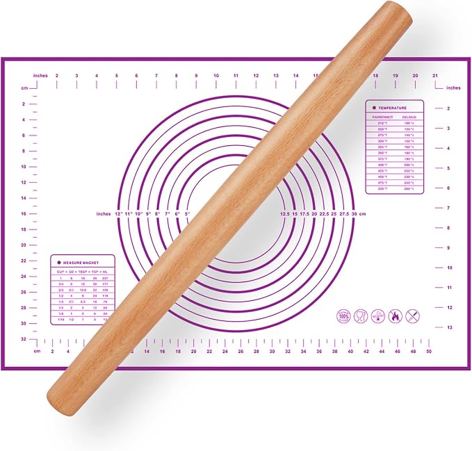 QUELLANCE 16 Inch Wood Rolling Pin for Baking, Wooden French Dough Roller with Purple Silicone Pastry Mat, Beech Wood Rolling Pins for Baking Dough, Pizza, Pie, Pastries, Pasta and Cookies