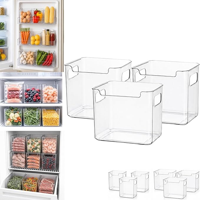 Clear Crystal Freezer Storage Bins,3 Pack Clear Plastic Organizer Freezer Bins for Refrigerator and Pantry,Stackable Kitchen Cabinet Containers with Handles (Crystal Clear, 3pcs*Large)