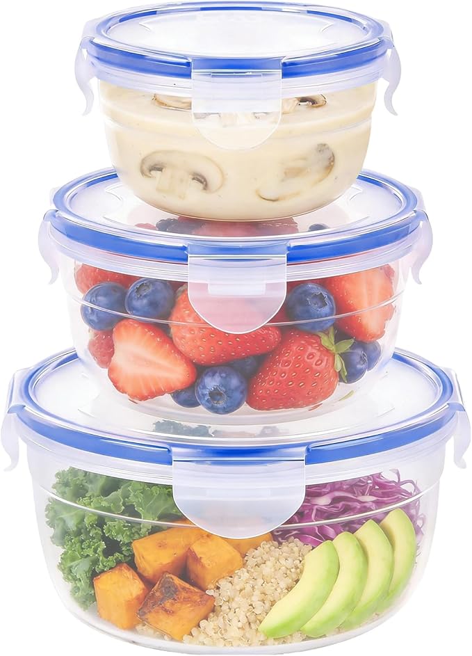 KIGI Round Food Storage Containers with Airtight Lids, Leak Proof Plastic Bowls for Lunch, Meal Prep, Fruit and Salad, 4-Sided Locking Lid, BPA-Free, 6 Piece Set, 1.25 Cup / 2.5 Cup / 4.3 Cup