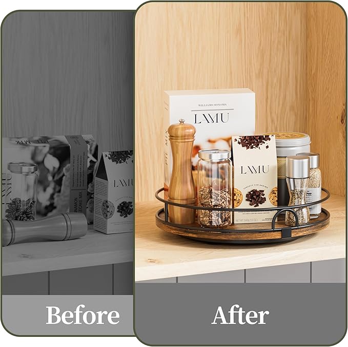 LAMU 12'' Lazy Susan Organizer for Table Top,Wooden Lazy Susan Turntable for Cabinet,Kitchen,Spice Organization,Bathroom Vanity,Rotating Pantry Storage for Table Decor