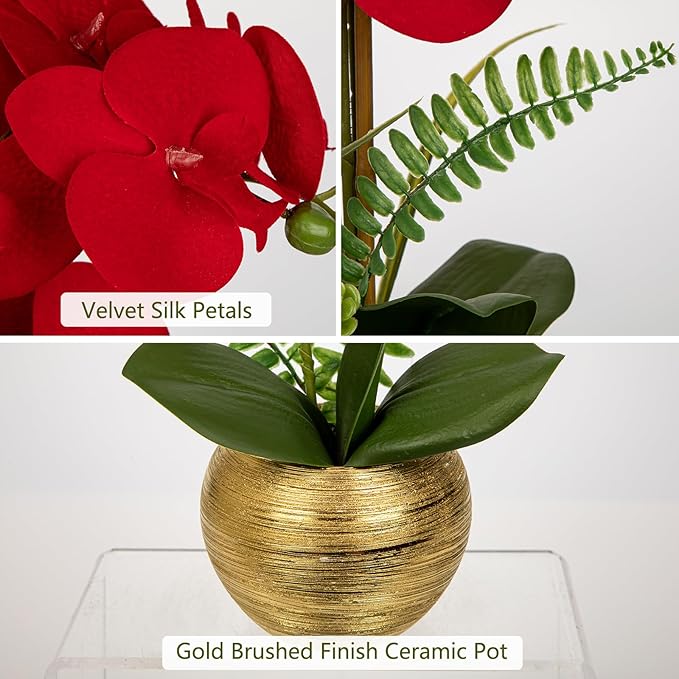 Briful Orchid Fake Flowers 13'' Red Silk Orchid Artificial Flowers with Gold Pot Small Faux Orchid Arrangement for Home Office Dining Room Table Centerpiece Shelf Decor
