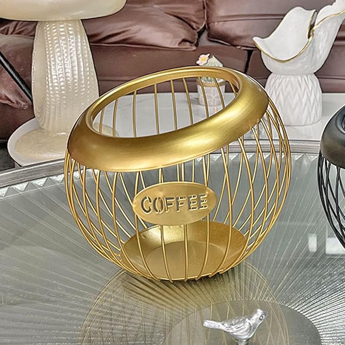 Coffee Pod Holder for Countertop, Coffee Pod Basket Metal Capsule Storage Basket Metal Coffe Pods Storage Large Capacity Coffe Station Organizer (Gold)
