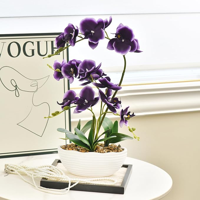 19" H Phalaenopsis Faux Orchid Plant Silk Orchid Centerpiece Artificial Floral Arrangement in Ceramic Pot (Deep Purple)