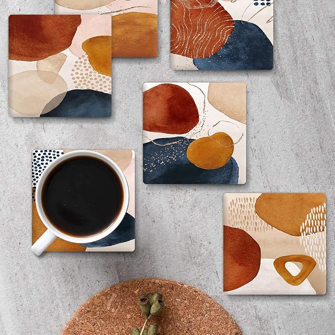 Drink Coasters for Drinks Set of 6, Terracotta Navy Orange and Gold Abstract Modern Art Absorbent Square Ceramic Stone Mat Coaster, with Cork Base and Metal Holder, Home Bar Decor House Warming Gift