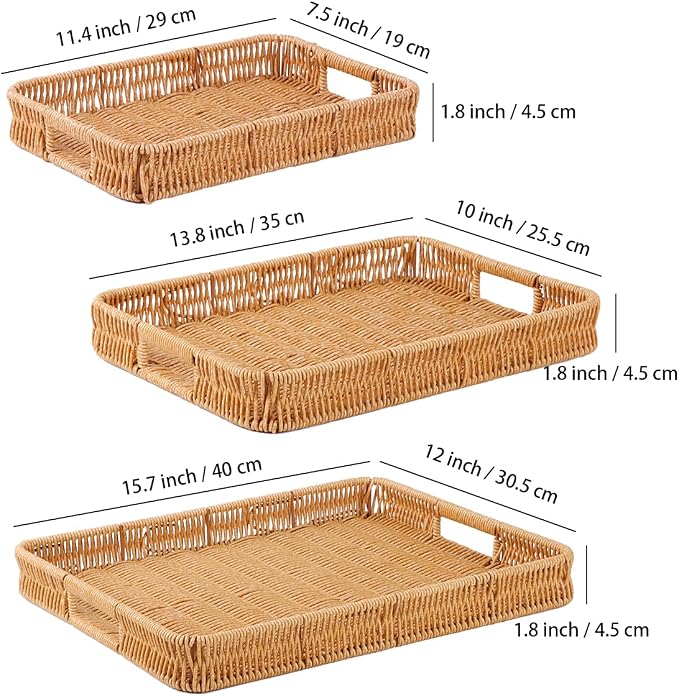 3pcs Rectangular Serving Tray with Handles, Decorative Wicker Organizer Baskets Storage Tray for Coffee Table, Bread, Fruit, Snacks, Table Centerpiece Decor