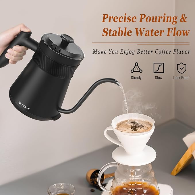 Secura Electric Gooseneck Kettle with 5 Temperature Control Presets, 100% Stainless Steel Inner Tea/Coffee Kettle with 1.5H Keep Warm, 1200 Watt Quick Heating for Coffee Tea Brewing, 0.8L, Matt Black
