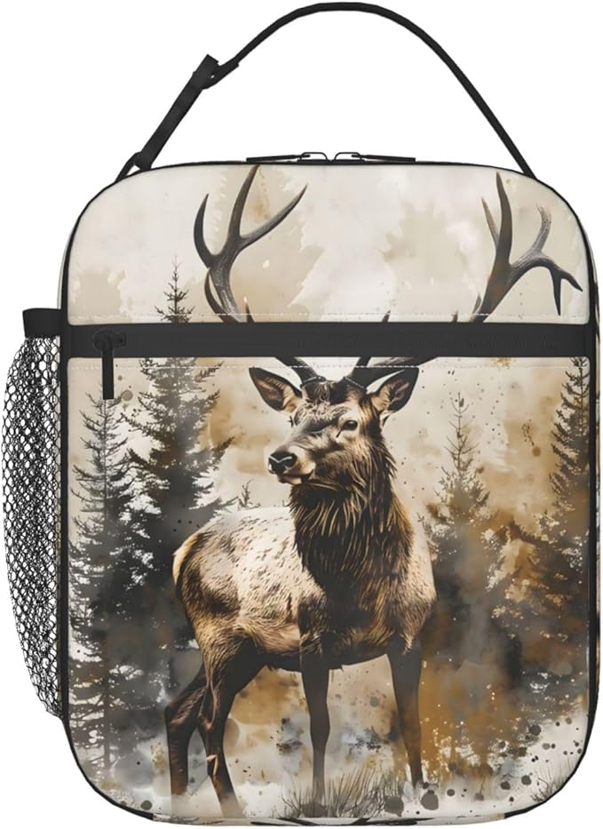 Reusable Deer Lunch Box for Kids Girls Boys Women Adult, Insulated Forest Woodland Rustic Watercolor Lunch Bag,Polyester Cooler Handbags Case for School Picnic Work Travel Beach or Hiking