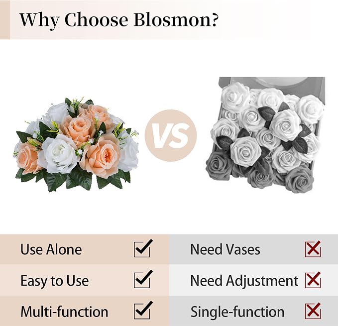 BLOSMON Flower Ball Centerpieces for Tables: 2pcs Peach Fuzz Fake Rose | 9.5 Inch Kissing Balls Floral Arrangement for Home - Artificial Silk Bouquet with Base Home for Wedding Party DIY Decoration