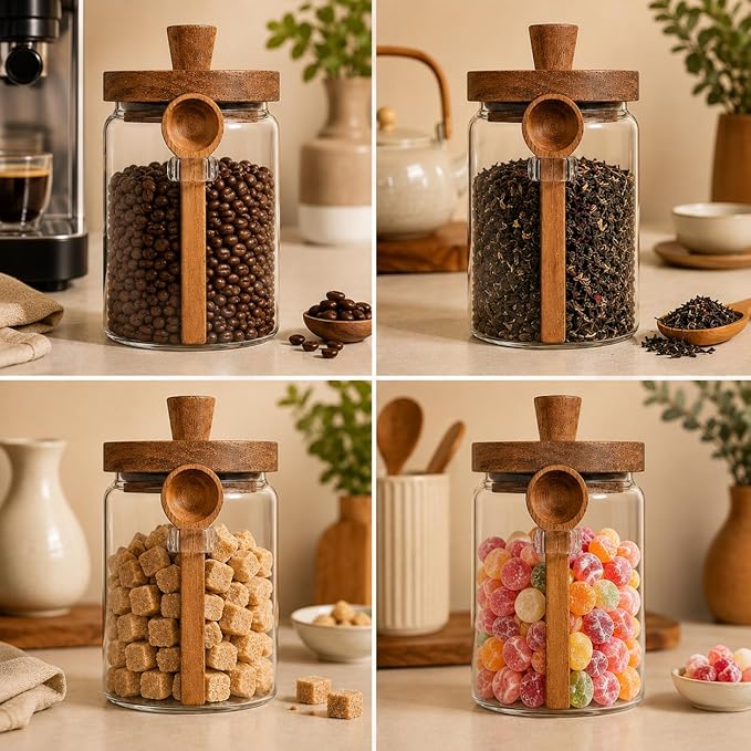 ANSQU Set of 2 Glass Food Storage Jars with Woodens Lid and Spoons, 20.3oz Glass Kitchen Canisters for Coffee, Tea, Cereal, Spice and Canning, Mason Jars, Cute Jars