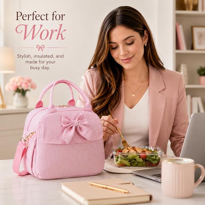 LEDAOU Lunch Box for Women, Insulated Lunch Bag for Women, Cute Small Pink Lunch Tote Bag for Work with Bow, Lunch Purse with Shoulder Strap, Reusable Lunchbox for Office, Teacher, Nurse