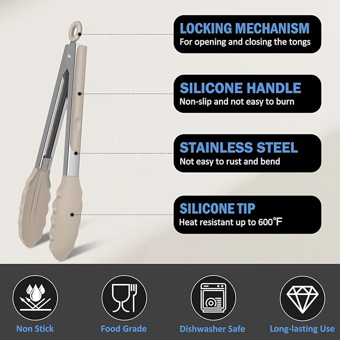 Tongs for Cooking, 600ºF High Heat-Resistant Stainless Steel Kitchen Tongs with Silicone Tips, Non Scratch, Locking Tong for BBQ Grilling Air Fryer Food Salads, Set of 2 (9" and 12") Beige
