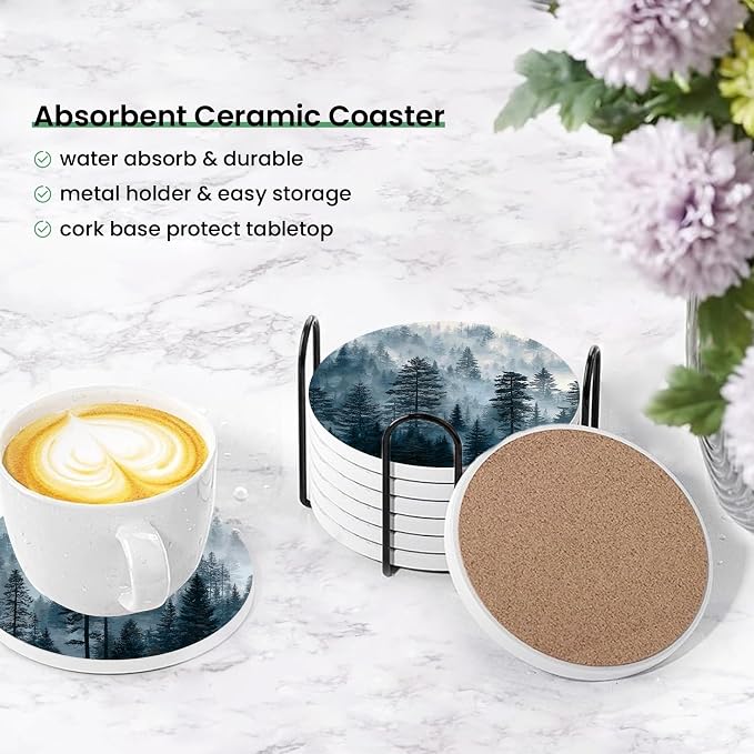 Misty Pine Forest Coasters for Drinks Set of 6, Round Absorbent Ceramic Coaster with Metal Holder, Watercolor Woodland Landscapes Coasters with Cork Base for Coffee Table, Home Decor, Gifts