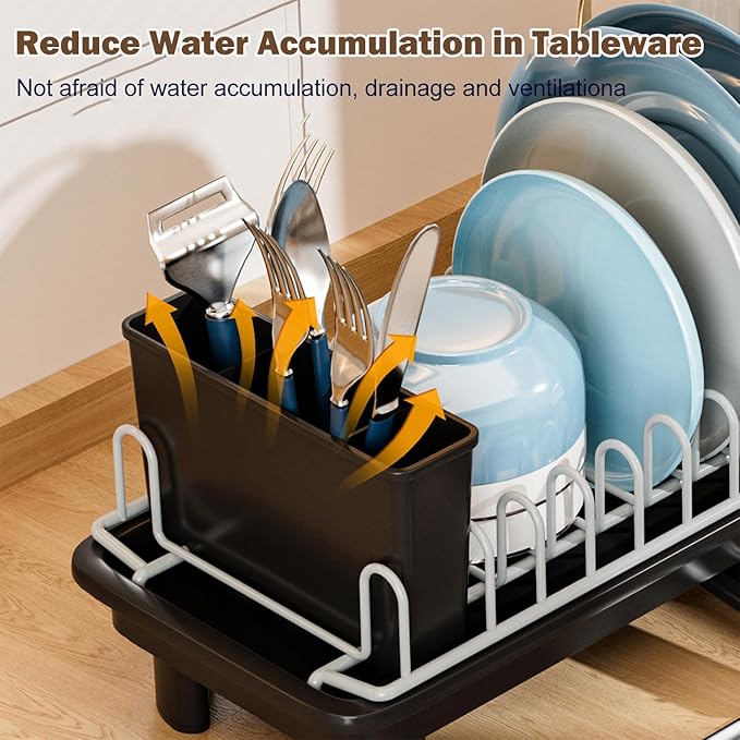 Compact Dish Drying Rack with Utensil Holder – Small Countertop Dish Drainer with 360° Rotating Drain Spout, Stainless Steel Dish Rack for Kitchen Sink, Space-Saving Design for Small Kitchen