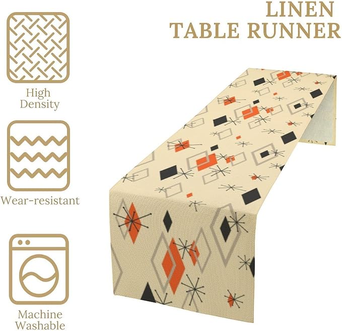 Mid Century Table Runner,Retro 1950s Modern Atomic Abstract Geometric Table Runner for Home Indoor Outdoor Kitchen Holiday Birthday Party Wedding Decor 13x36 Inch