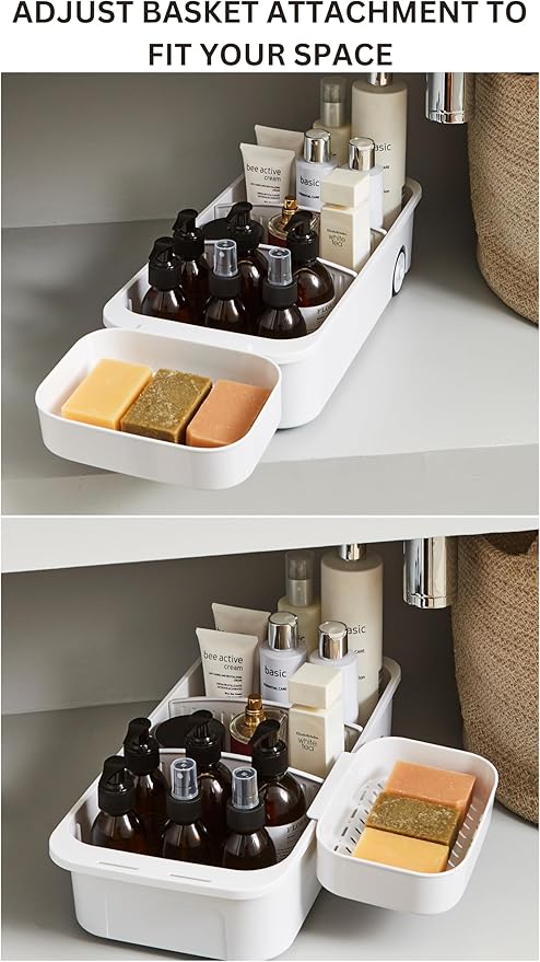 GAROOD Kitchen Under Sink Organizer Cleaning Supply Caddy Storage Bin Under Sink Caddy Rolling Cleaning Organizer with wheels Pull out tray Bathroom Organizers Storage 16.5*8*3.75 in - White 2 pack