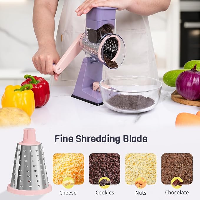 Upgraded Rotary Cheese Grater with 3 Interchangeable Stainless Steel Drums, One-Press Powerful Suction Manual Vegetable Shredder&Slicer for Kitchen, 15pcs Storage Bags Included, Pinkish Purple
