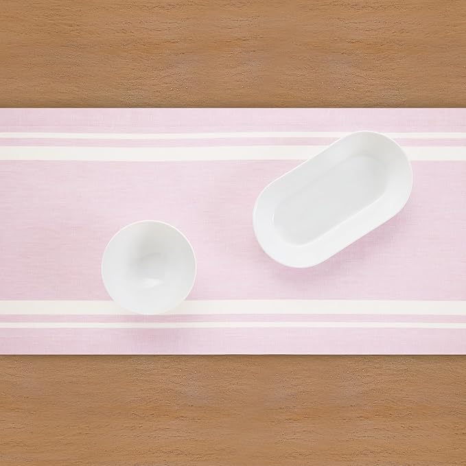 Solino Home Linen Table Runner 48 Inches - 100% Pure Linen White and Dusty Pink French Stripe Table Runner 14 x 48 Inch Ideal for Dresser and Coffee Tables - Spring, Summer