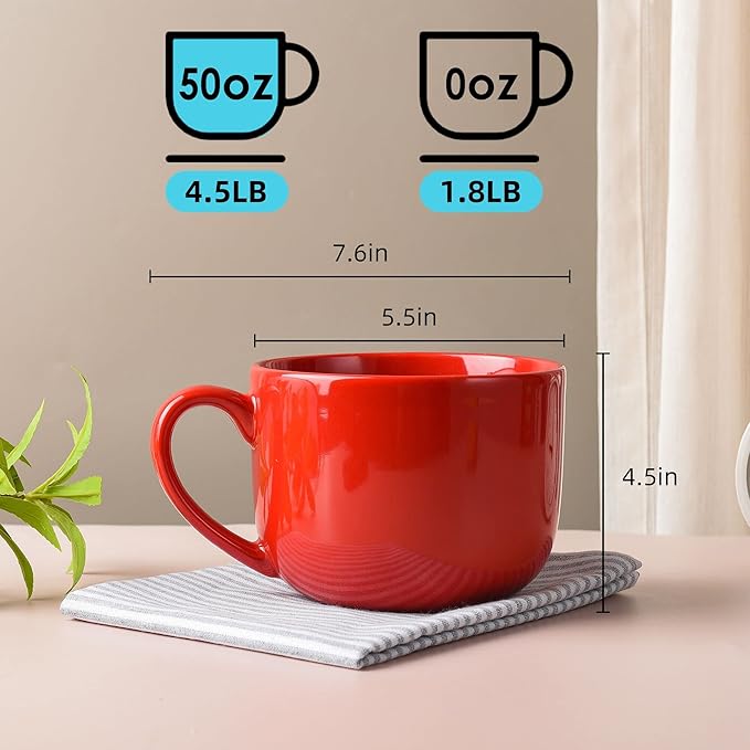 50oz large Ceramic Soup Mug with Handles for Coffee, Tea, Ice Cream, Cereal (Red)