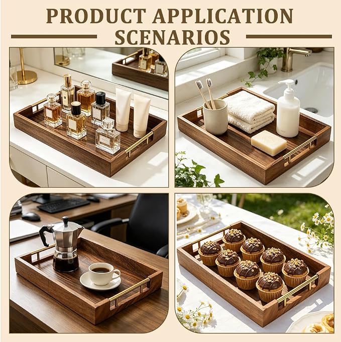 2pcs Wooden Serving Trays for Party with Metal Handles Rectangle Ottoman & Decorative Tray for Coffee Table Jewelry Tea Food Breakfast Eating Tray for Rustic Home & Kitchen Decor