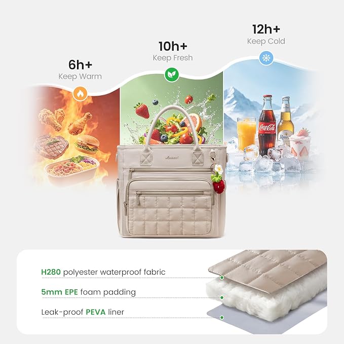 LOVEVOOK Insulated Lunch Bag Women,Puffer Adult Lunch Box for Women with Handmade Strawberry Charm,Wide Opening Leakproof Cooler Bag with Cup Holder for Work Picnic Beach Family College Mom Teacher
