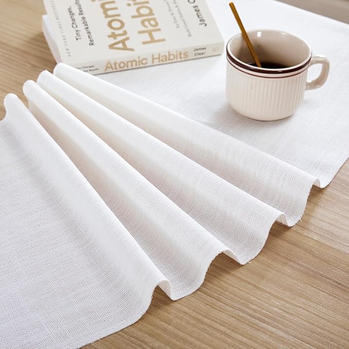 Linen Style Rustic Table Runner, Farmhouse Cotton Linen Table Runner, Boho Table Runners 108 Inches Long with Hand Tassels for Home Tabletop Decor and Everyday Use - White, 108 Inch